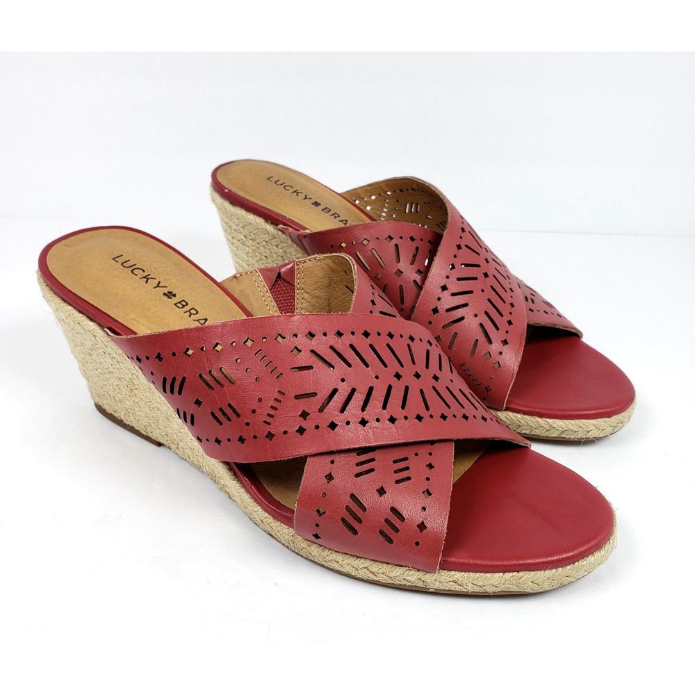 Lucky Brand Keela Womens Size 7.5 Red Leather Slip On Wedge 2.75" Sandals Shoes